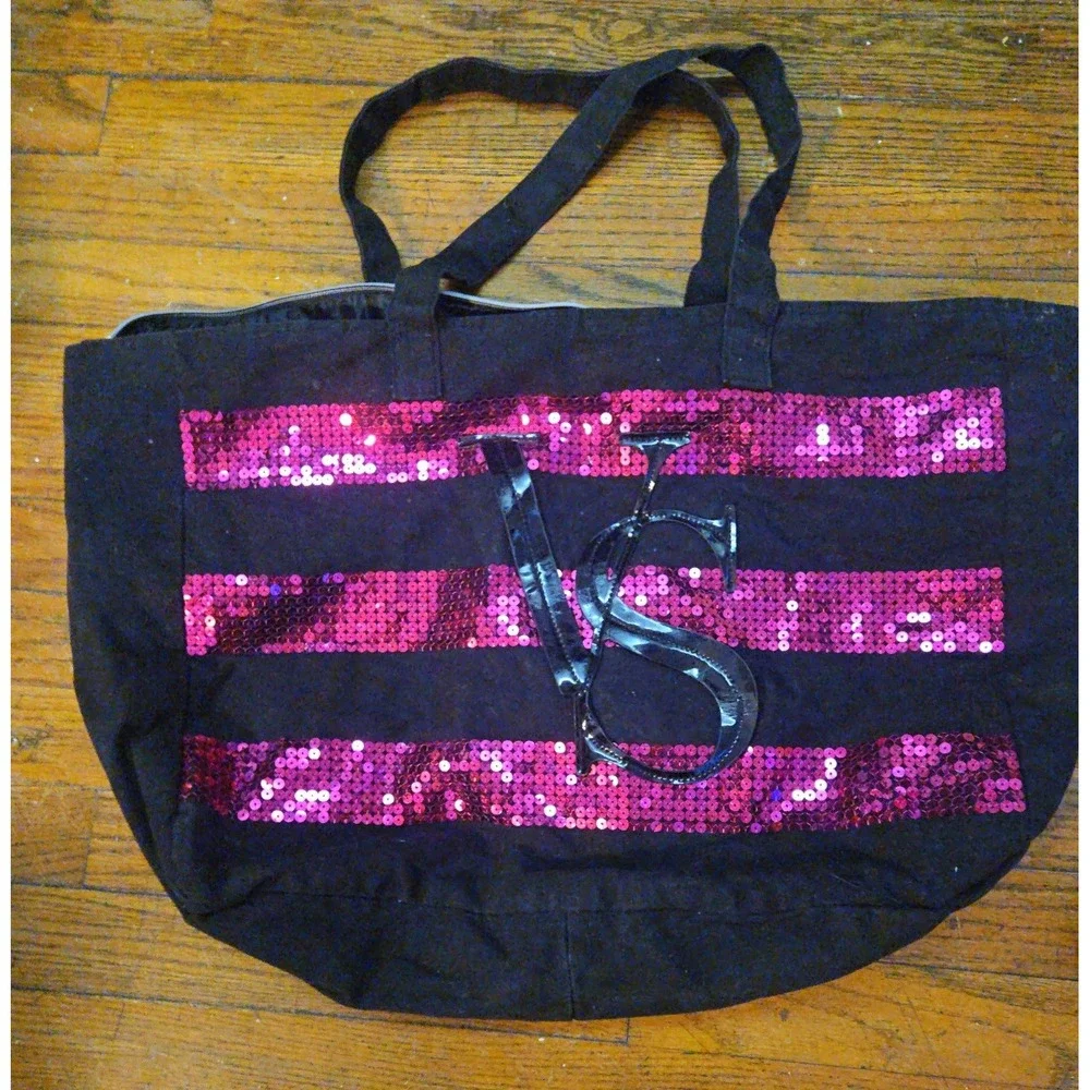 Victorias Secret Black Pink Sequin Stripe VS Logo Canvas Zipper Tote Bag Large